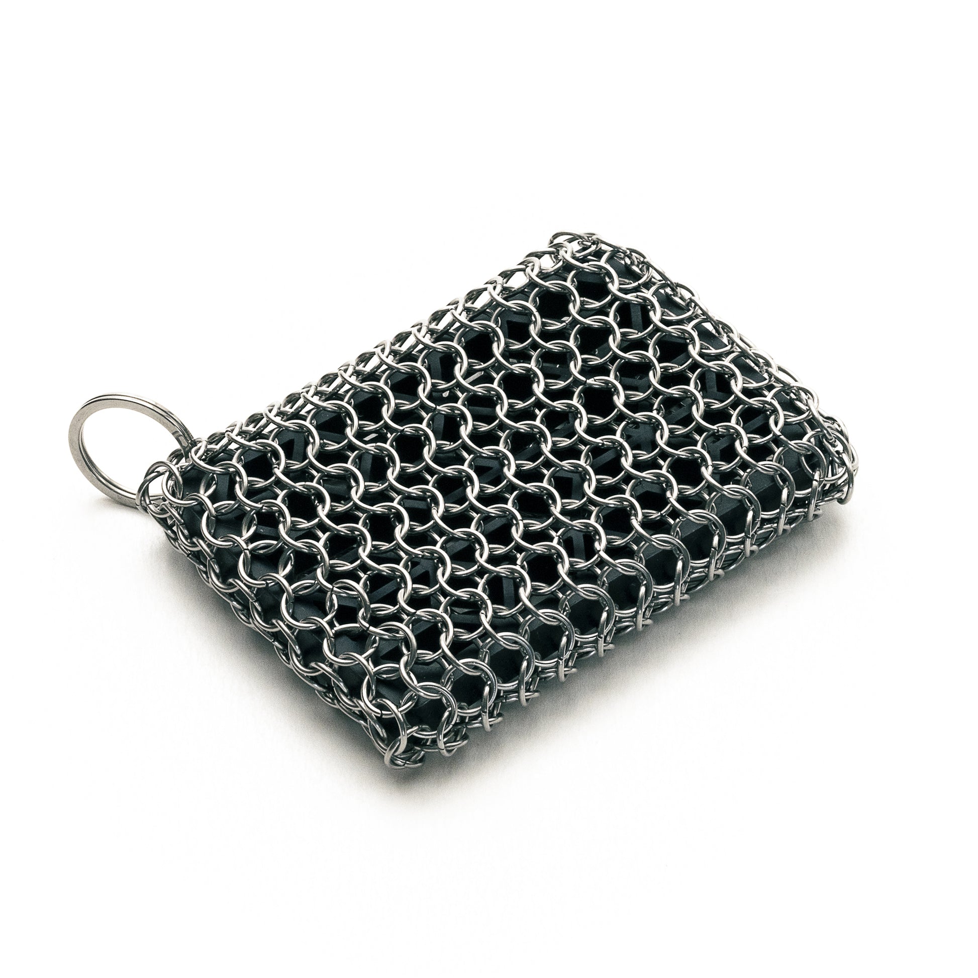 Isometric view of No.3 Chainmail Scrubber on white background.